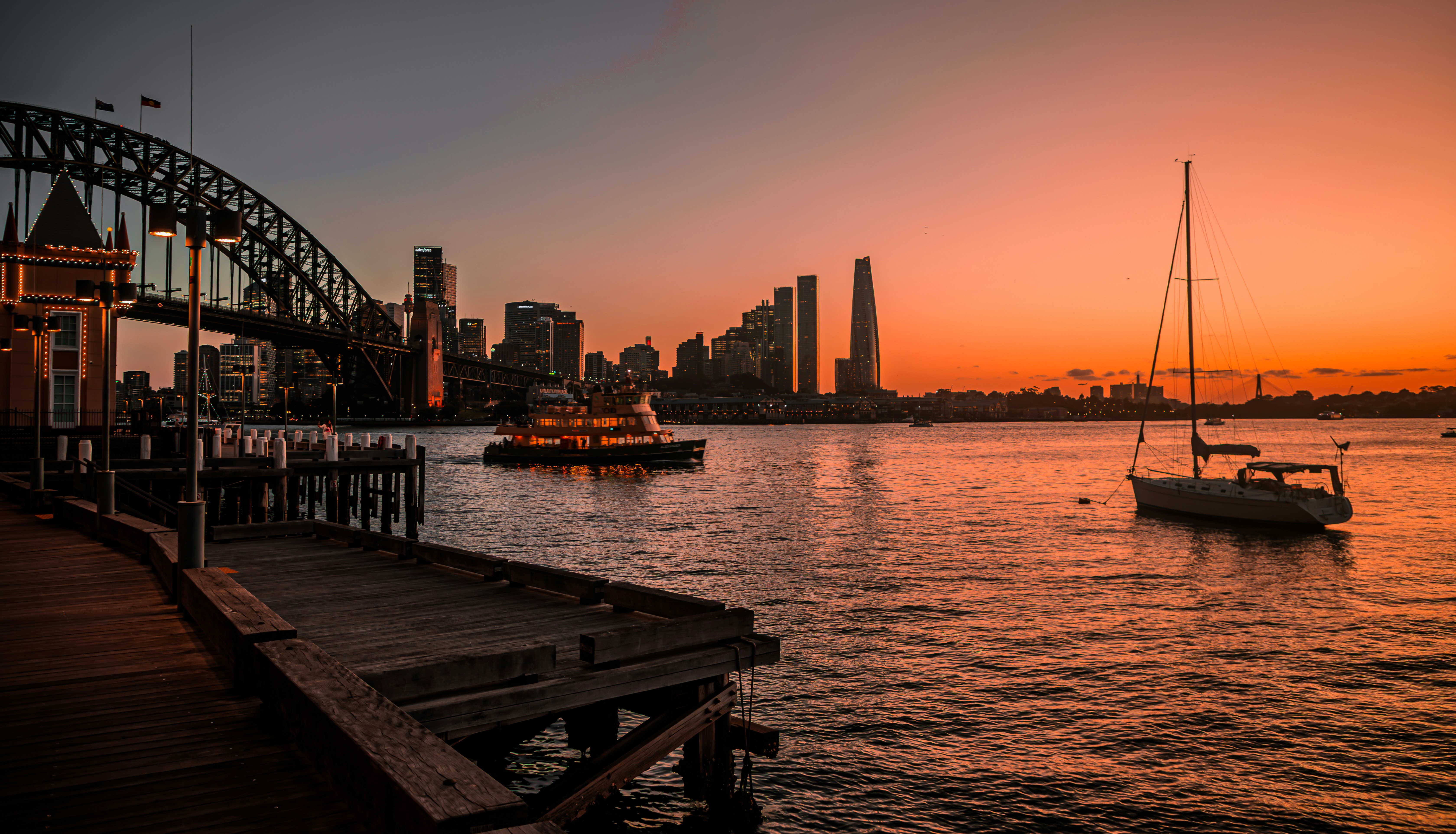 Sunset over Sydney Harbour with the Opera House and Harbour Bridge visible